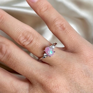 Silver Plated Pink Lab Opal Ring with CZ Accents