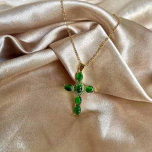 Emerald Green Cross Necklace: 14K Gold Plated Pendant