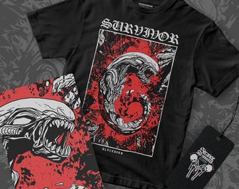 May include: Black t-shirt with a graphic of an alien creature in a red and white design. The text "SURVIVOR" is printed in white above the graphic and "BLVCKBORN" is printed in white below the graphic.