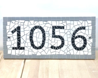Address Number Sign - Black Mosaic House Numbers - Handcut/Handcrafted Tile Mosaic - FULLY CUSTOMIZABLE - Black Lettering & Grey