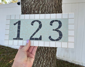 Address Number Sign - Black Mosaic House Numbers - Handcut/Handcrafted Tile Mosaic - FULLY CUSTOMIZABLE - Jade & White