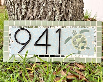 Address Number Sign - Black Metal House Numbers - Green Sea Turtle Accent - Handcut/Handcrafted Tile Mosaic - FULLY CUSTOMIZABLE