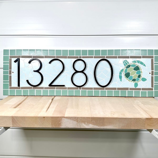 Address Number Sign - Black Metal House Numbers - Teal Sea Turtle Accent - Handcut/Handcrafted Tile Mosaic - FULLY CUSTOMIZABLE