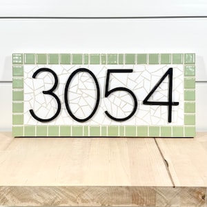 Address Number Sign - Black Metal House Numbers - Handcut/Handcrafted Tile Mosaic - FULLY CUSTOMIZABLE - Avocado Border