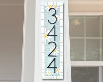 Floral Daisy Address Number Sign - Black Metal House Numbers - Handcut/Handcrafted Tile Mosaic - FULLY CUSTOMIZABLE - Pale Blue & Flowers