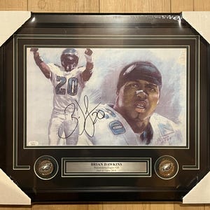 Brian Dawkins Signed Autographed Eagles Lithogram 18x22 Photo Framed JSA COA