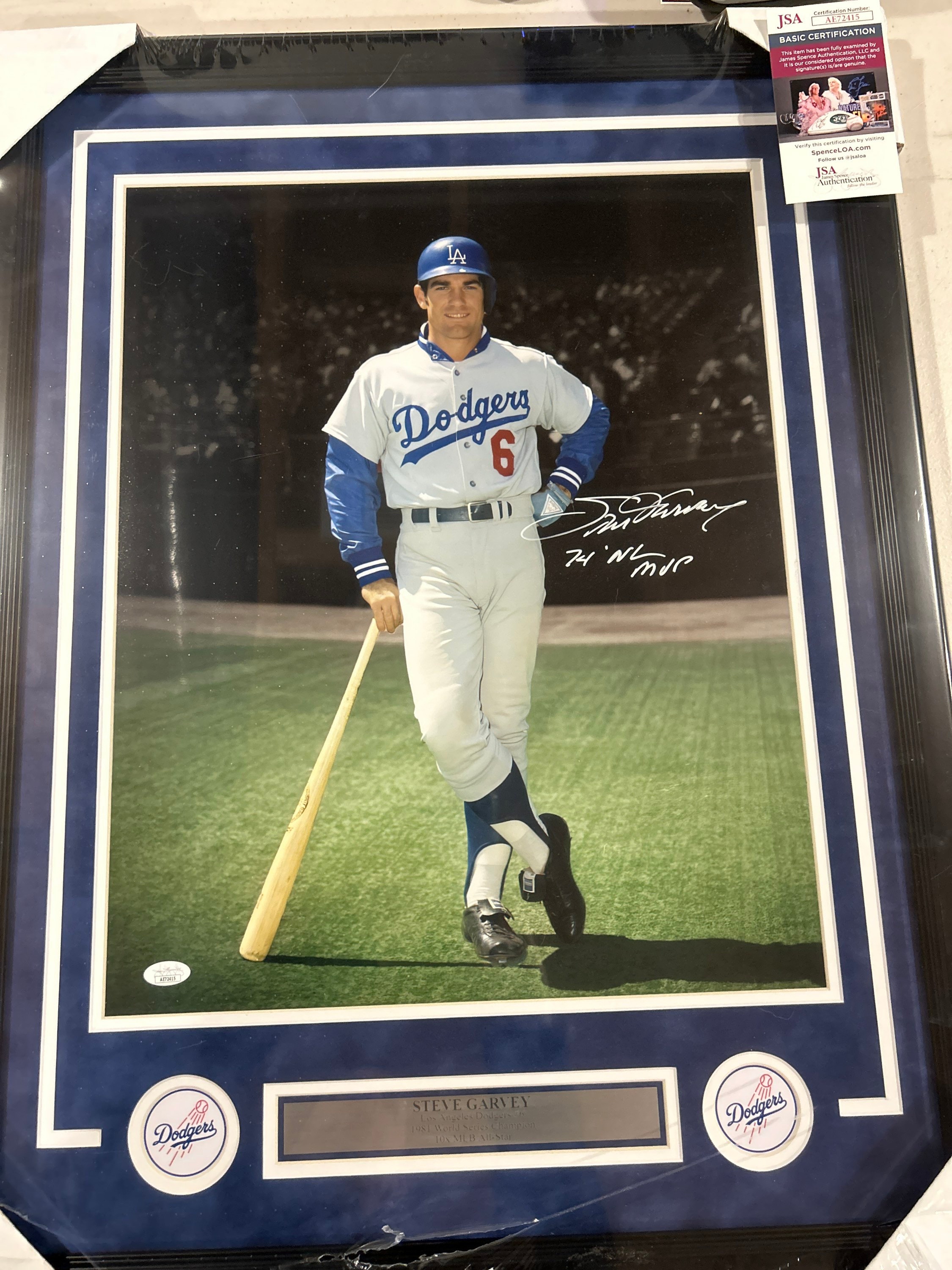Steve Garvey autograph signed Dodgers inscribed “74 NL MVP 16x20 photo black framed blue suede over white double v matting JSA