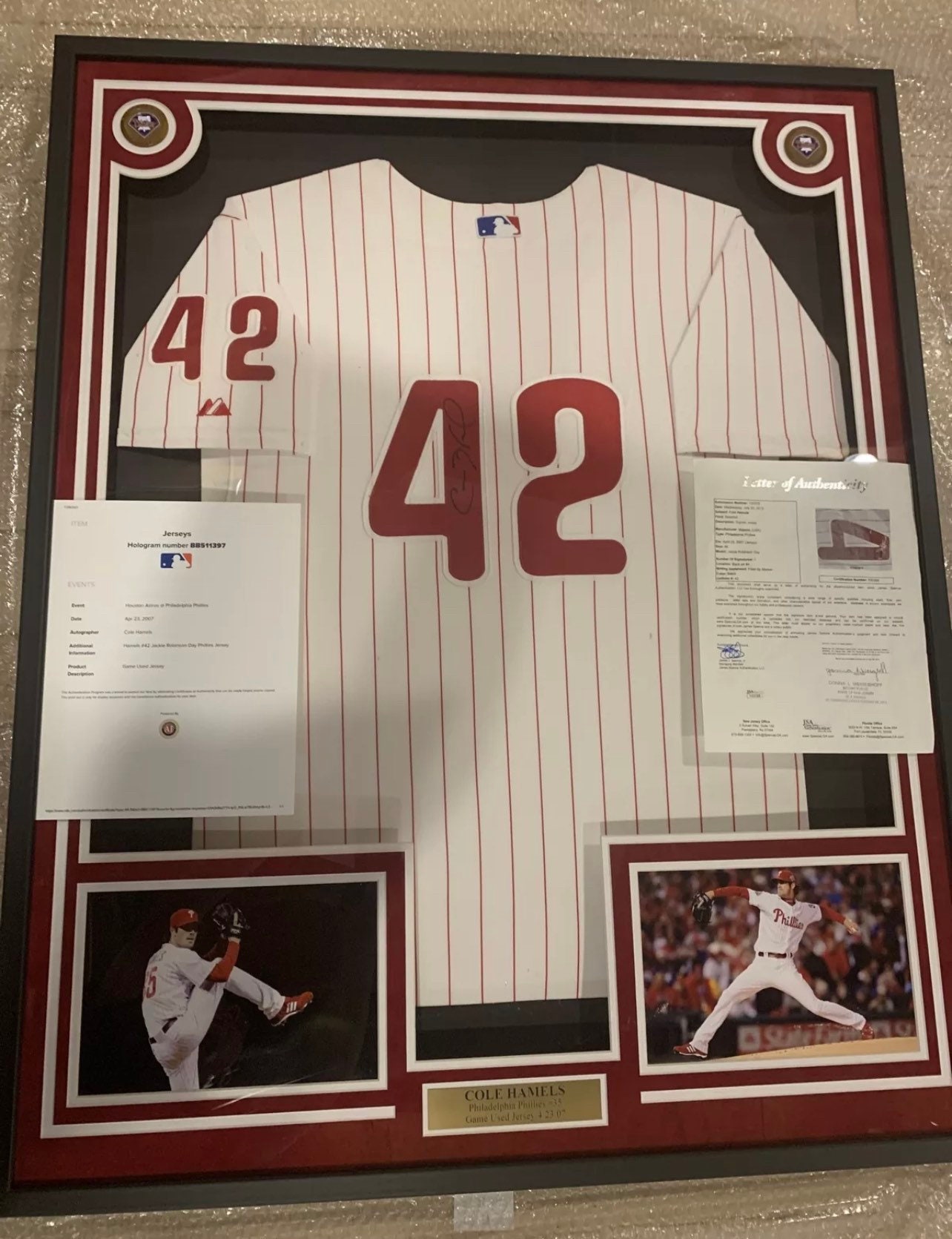 MemorabiliaAddicts Cole Hamels Autograph Signed Phillies Robinson Game used Jersey Framed JSA