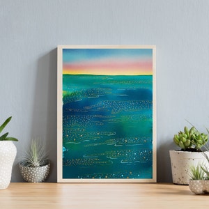 Abstrakte Meer-Aquarell-Illustration, moderne Kunst, kein Druck, zeitgenössische Wandillustration, Art-Deco-Format, A4-Format