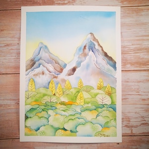 Illustrazione da parete ad acquerello dipinta a mano di una foresta magica e creativa, arte della natura, arte botanica originale, formato A4