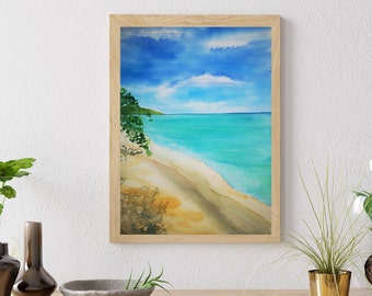 Turquoise beach watercolor, coastal painting of a sea of blue waters, interior patio decoration, turquoise sea painting, beach illustration