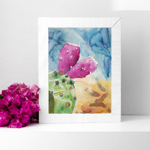 Painting of a purple cactus, interior botanical decoration, watercolor cactus and flowers, nature wall art