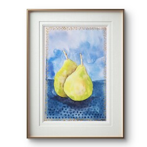 Decorazione da cucina a forma di pera, acquerello di una pera nei toni del marrone chiaro, dipinto originale di decorazione da cucina a forma di frutta. Arte per la cucina.