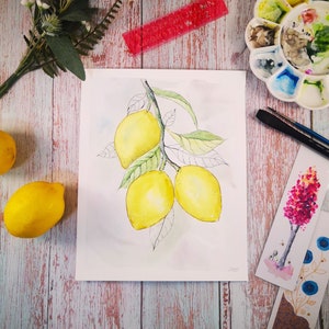 Kitchen lemon decoration, watercolor of some yellow lemons, original fruit kitchen painting decoration,
