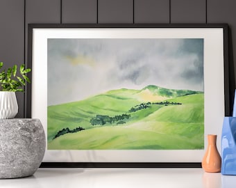 Peinture originale de paysage à l’aquarelle, aquarelle ORIGINALE d’un paysage vert, aquarelle de paysage, format A4, art mural paysager.