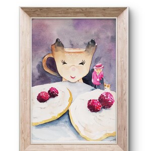 Dipinto originale raffigurante una tazza da tè, dipinto raffigurante la colazione, regalo decorativo per le donne, dipinto raffigurante una tazza con pane tostato, arte per ristoranti. Dipinto di Elisabetta II