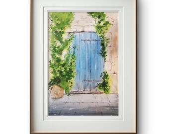 Vintage art of an old door, memories of the past, village house painting, house watercolor, urban art. Measures 24x30 cm