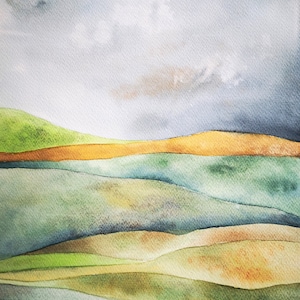 Hand painted watercolor of a field with its different colors, beautiful nature landscape, countryside illustration, A4 size