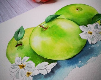 Watercolor fruits, kitchen wall decoration, hand painted green apples, art for kitchen, original apple illustration A4 size