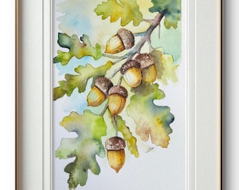 Acquerello originale raffigurante ghiande, arte botanica di foglie di quercia, decorazione naturale per il soggiorno, pittura naturalistica, illustrazione botanica.