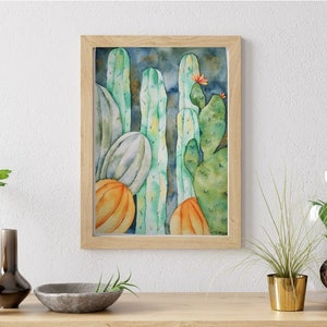 Aquarellkakteen und Sukkulenten in Grün- und Grautönen. Originalzeichnung eines Kaktus. ORIGINAL handgemaltes Aquarell, A4-Format,