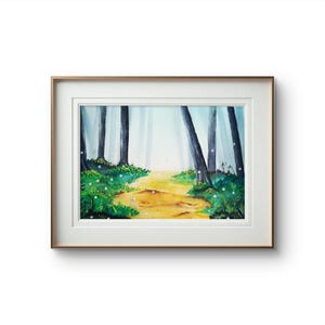 Foresta di lucciole con guazzo, pittura a guazzo di foresta magica, arte murale originale, acquerello di foresta fantasy