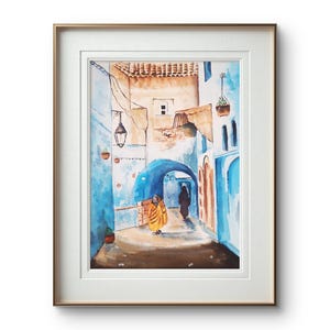 Chefchaouen in acquerello: esplora la magia delle strade blu, pittura di street art, arte urbana marocchina, decorazione murale originale