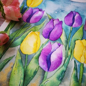 Tulipani viola dipinti a mano con acquerello, pittura floreale, pittura floreale decorativa per parete. Formato A3