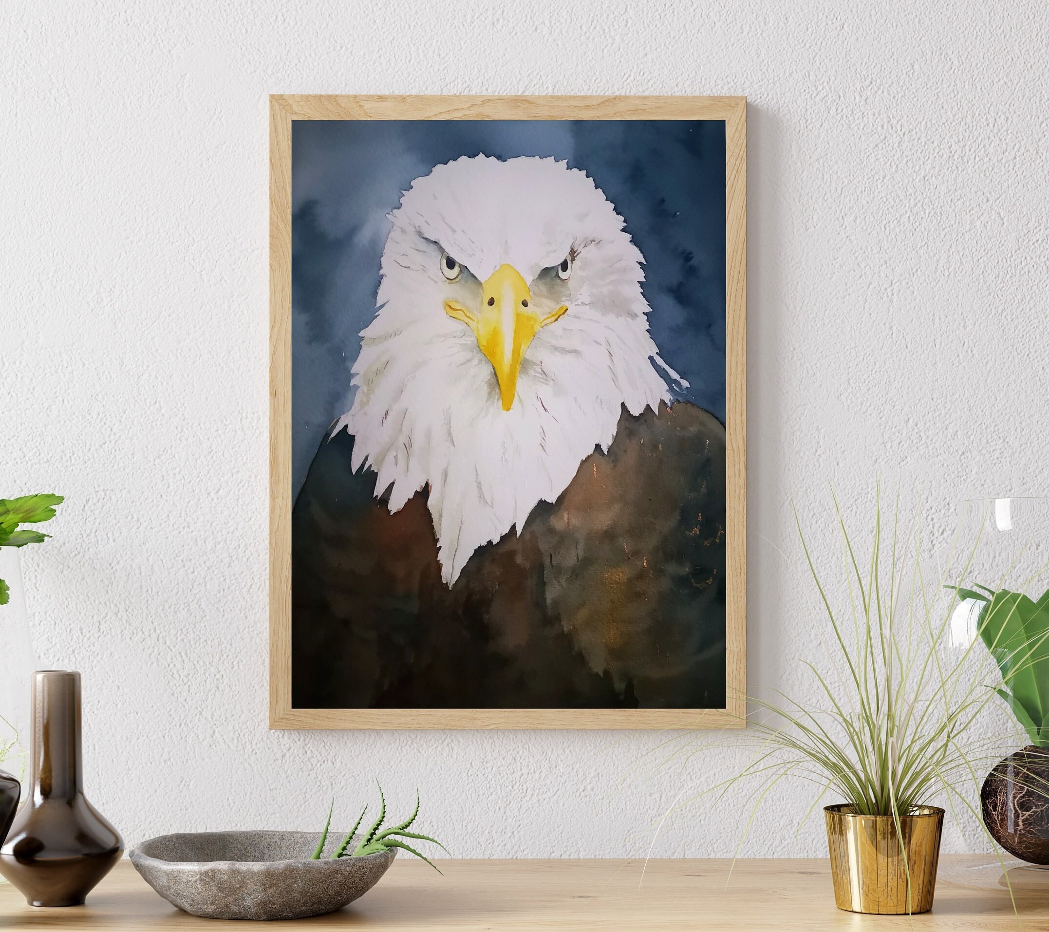 American Bald Eagle painted with watercolor, modern painting Airbnb living room decoration, contemporary bird painting, American eagle