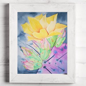 Acquerello di cactus moderno viola, pittura di cactus con fiore giallo, arte botanica del patio interno, decorazione d'arte per il bagno