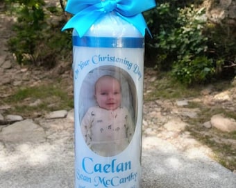 Vela de bautizo personalizada con foto y verso.