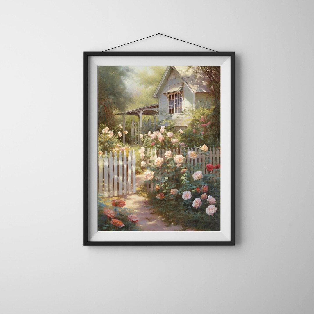 Floral Cottage Oil Painting Rose Garden Wall Art Print - Etsy