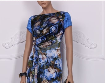 Blue rose print silk fitted dress