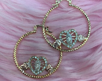 Aretes Virgencita Corazon, Aretes Virgen Maria Corazon, Aretes Virgen de Guadalupe, Aros Virgencita