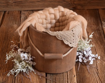 Wooden bucket for newborn photography, posing bowl, baby photo prop, newborn props