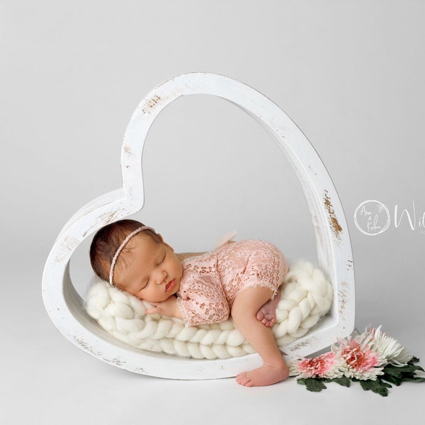 Wooden heart bowl, newborn posing bowl, vintage style, removable bottom, newborn prop, photography prop