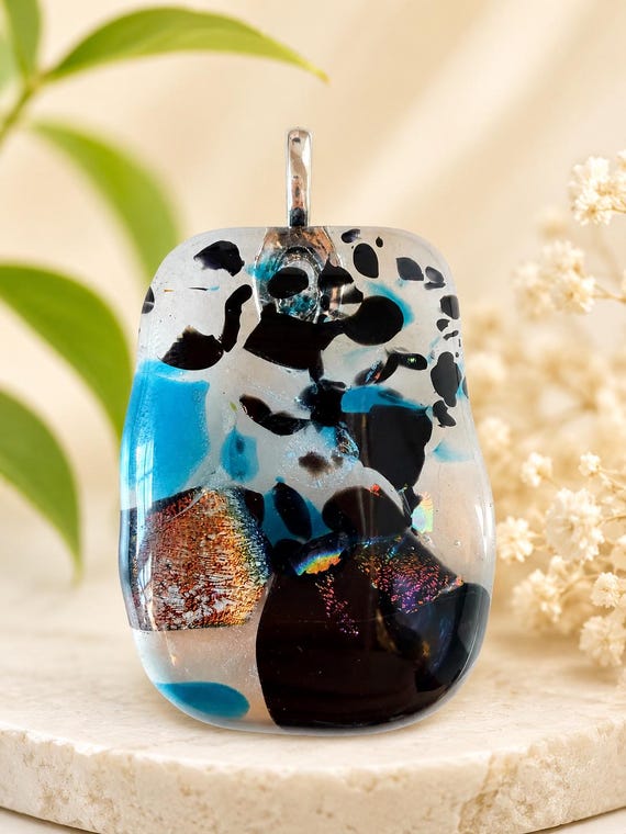 Abstract Fused Glass Pendant Necklace – Iridescent Art Jewelry by QuirkyProductsLtd