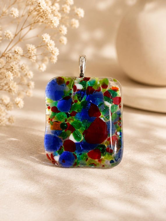 Handmade Fused Glass Pendant Necklace | Colourful Square Artisan Jewellery, Blue Green Red White Splash by QuirkyProductsLtd