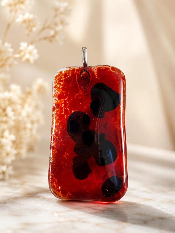 Fiery Red Fused Glass Pendant Necklace – Abstract Black Spots, Handmade by QuirkyProductsLtd