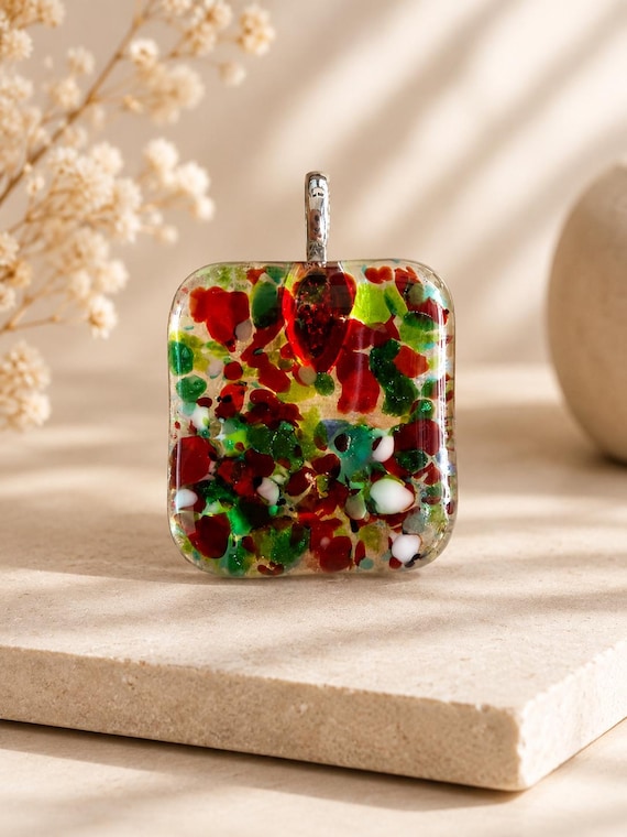 Confetti Fused Glass Pendant Necklace | Handmade Colourful Statement Jewellery, Red Green White Splash by QuirkyProductsLtd