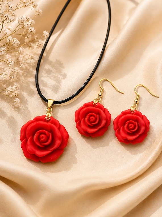 Choice You Colour Rose Necklace & Earrings Set | Floral Jewellery | Lightweight Gift | Gold or Silver | Multiple Colours by QuirkyProductsLtd
