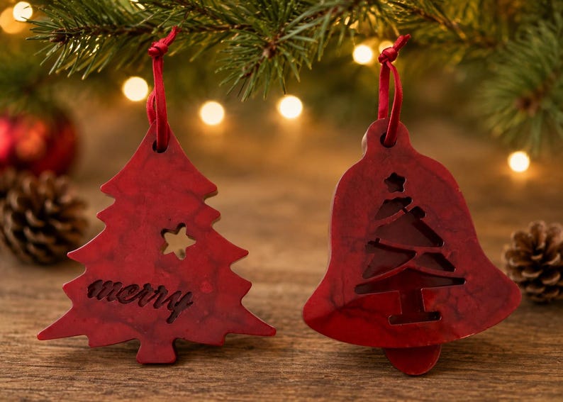 Handmade Red Resin Holiday Tree Ornaments/Decorations Set Of 2