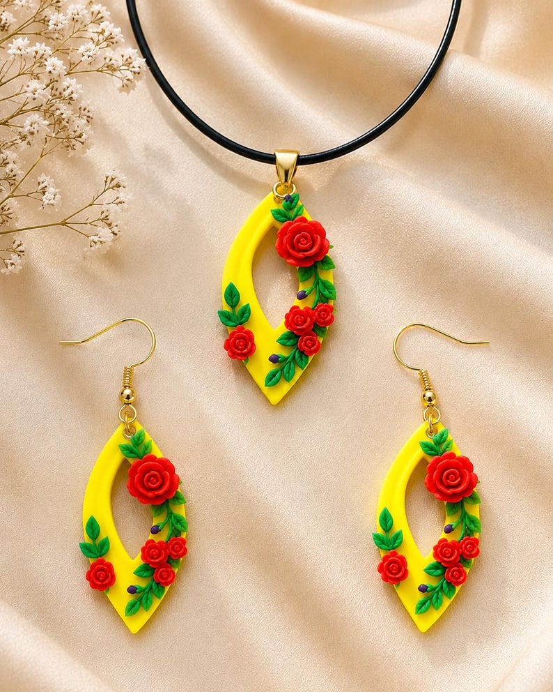 Rose Floral Jewellery Set | Yellow Botanical Earrings Necklace | Lightweight Gift