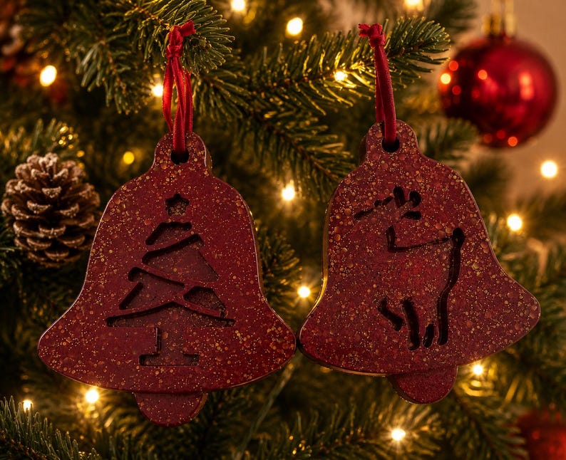 Handmade Red & Gold Resin Holiday Tree Ornaments/Decorations Set Of 2