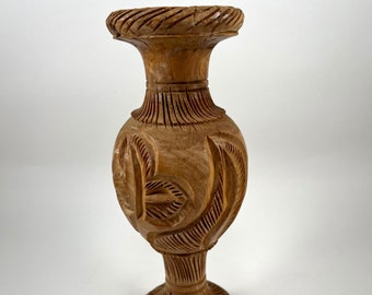 Vintage Carved Wood Vase | Large Hand Carved Wooden Vase | Leaves and Foliage Design | Eclectic, Rustic, Farmhouse, Cottage Decor