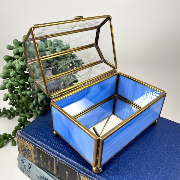 Vintage Etched Glass Casket Jewelry Box with Mirror Bottom & Light Blue Stained Glass Sides, Footed Brass and Etched Glass Chest Trinket Box