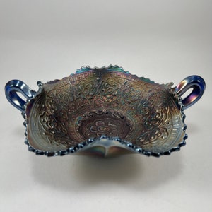 Fenton Carnival Glass Persian Medallion Bon Bon Dish w/ Cobalt Glass Base | 1920s Antique Fenton Collectible Glass | Fenton Two Handled Bowl