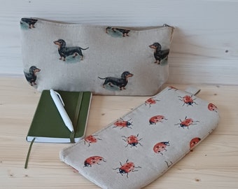 Zip Pouch. Make up Bag. Pencil Case. Dachshund  Ladybirds. Gift for her. Handmade Gift.