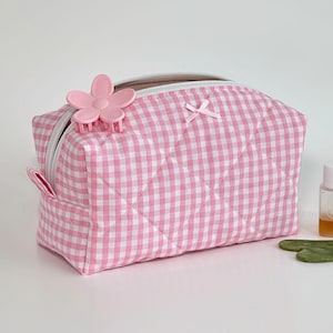 Quilted Makeup Bag, Pink Gingham Makeup Bag, Pink Coquette Makeup Bag, Cosmetic Bag, Pink Makeup Bag