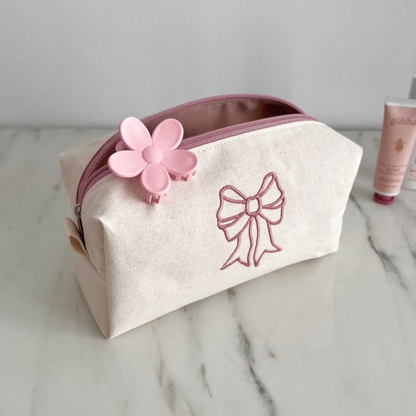 Bolsa de maquillaje de lazo rosa, bolsa de maquillaje de lazo de cinta, bolsa de maquillaje linda, bolsa de cosméticos de coqueta de lazo, bolsa de maquillaje, regalo de dama de honor